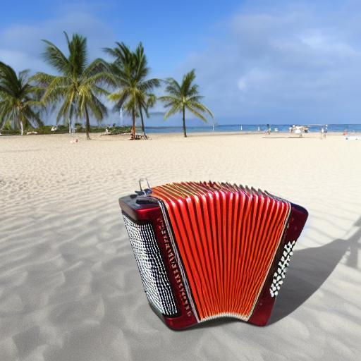 A picturesque beach scene with an accordion in the foreground, tall palm trees casting cool shadows, bright sun overhead, waves sparkling in the distance, paradise landscape, photorealistic imag