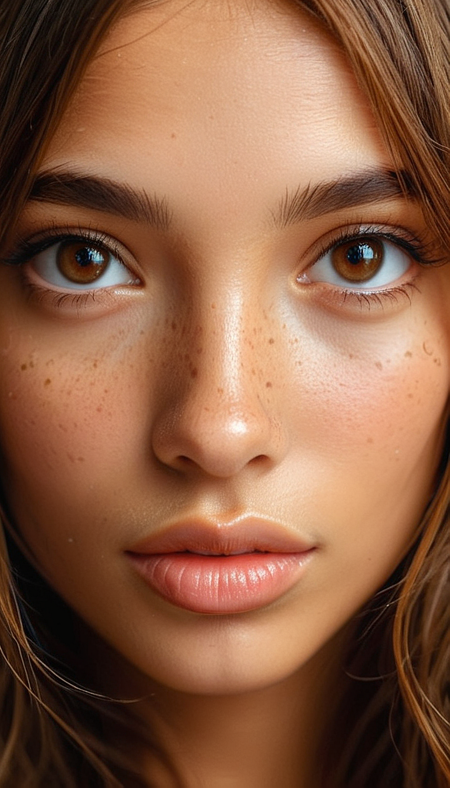 Close-up gorgeous girl face , cute, light tan,  (bangs), freckles, (striking large brown eyes), aligned eyes, mirror eyes, (half smile), 
BREAK,
(very detailed gold filigree on skin), (thin detailed gold filigree), wavy hazel hair, braid,
long lashes, trendy portrait,
tender Aesthetic nose, Aesthetic chin, ears, puffy lips, sensual lips, detailed texture, detailed eyes, detailed skin, clean skin,
<lora:Someplastic:1>, (ultra sharp focus:1.8), (detailed skin:1.8), (thin lines:1.8), (best quality:1.8),
<lora:Apparatus_-_Traction_City_Walkers_Vehicles:0.7>,
<lora:add-detail-xl:2> (ultra sharp focus:1.8), (detailed skin:1.8), (thin lines:1.8), (best quality:1.8),
<lora:glowneon_xl_v1:1>
