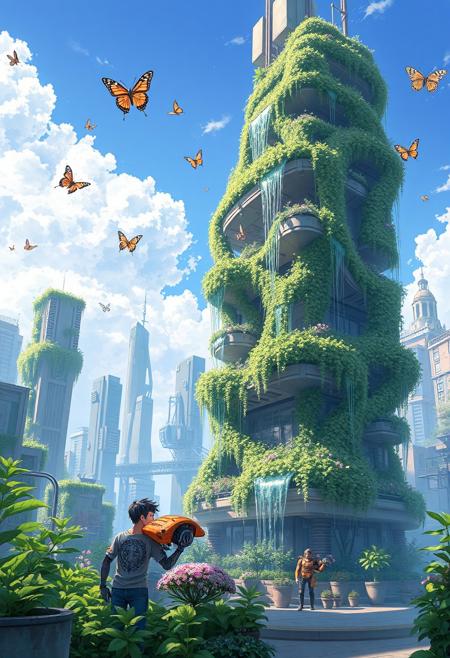 anime, cyberpunk, futuristic city, humans and robots together gardening plants, high-tech home, vertical gardens, buildings are covered with water cascades, buildings are covered with greenery,  futuristic clothing,  butterflies fly in the sky,  highly detailed, sunny, positive color palette, clear sky,