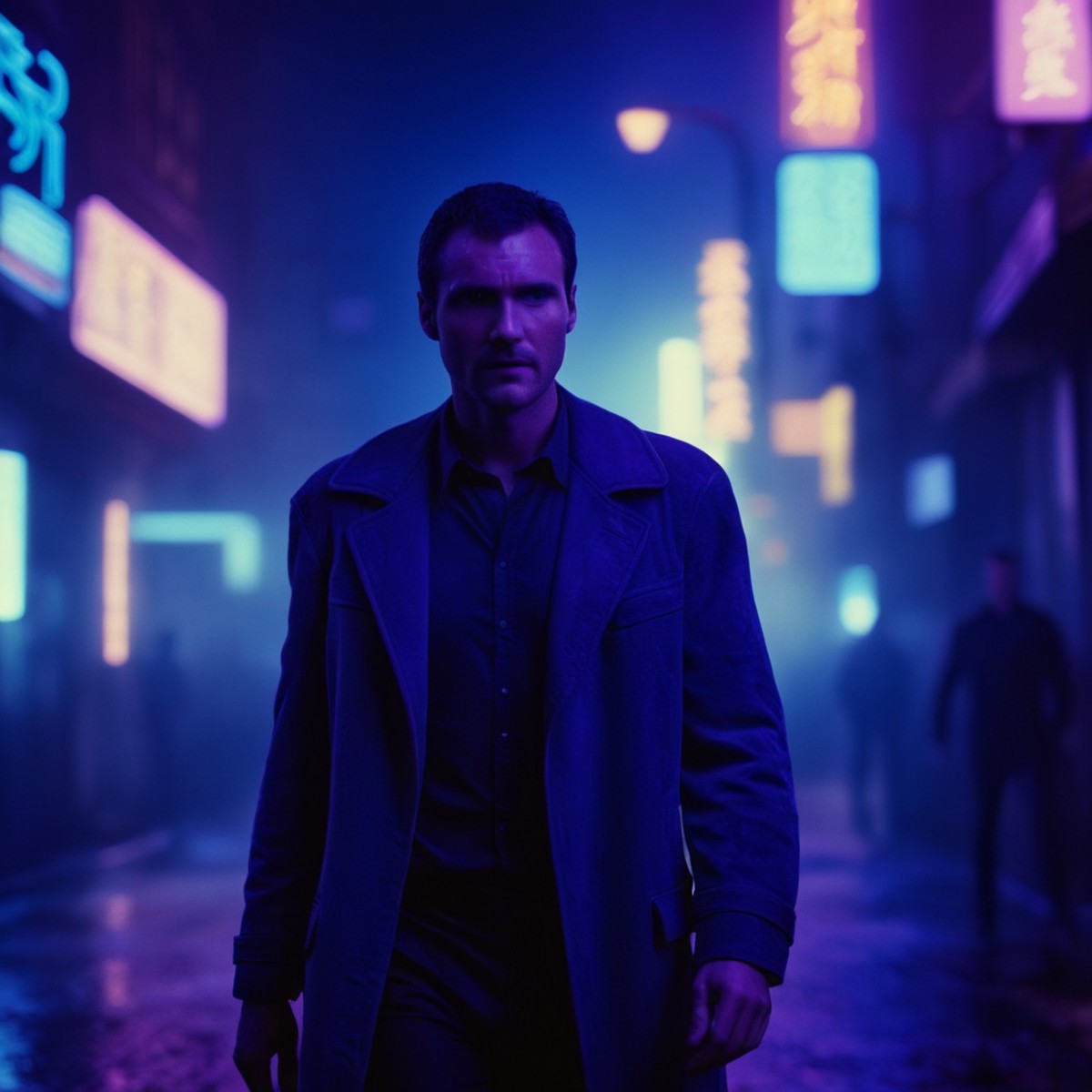 cinematic film still of  <lora:Ultraviolet lighting Style:1> Ultraviolet lighting Style
 <lora:Blade Runner Style:1>
A man...