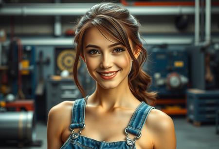 (cute girl:1.2), graphic for a loading screen of a vidoe game, stunning, perfect, sexy, 8k, beautiful, (beautiful face:1.4), oiled body, standing in a mechanical workshop, wearing nothing but denim overalls, smiling, close up