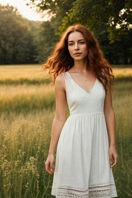 A realistic photograph of a young woman with long, wavy red hair standing in a sunlit meadow. She is wearing a light white dress with a delicate, subtle pattern. The scene is set outdoors in a lush green field, with the sunlight streaming through the trees in the background, creating a warm and dreamy atmosphere. The woman is looking directly at the camera with a calm and serene expression. The lighting is natural, highlighting her hair and the tranquil beauty of the surrounding landscape.