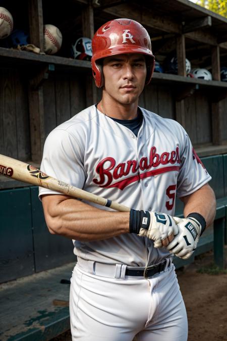 baseballplayer holding baseball bat, baseball uniform, helmet/baseball cap, jockstrap/underwear/white pants, gloves/baseball mitts