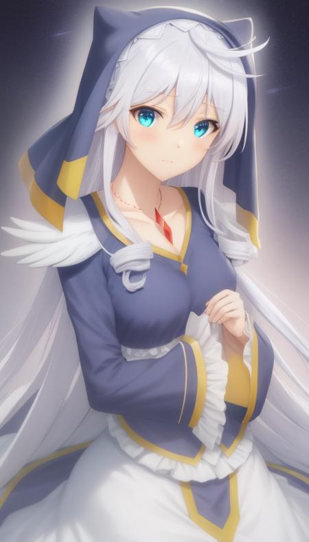 <lora:Eris-01:1.5>,(animation),Dawn_Anime,masterpiece, best quality, 1girl,solo,Eris,blue eyes,long sleeves,dress, hair between eyes, jewelry, very long hair, collarbone, white hair, frills, necklace, frilled sleeves, nun,