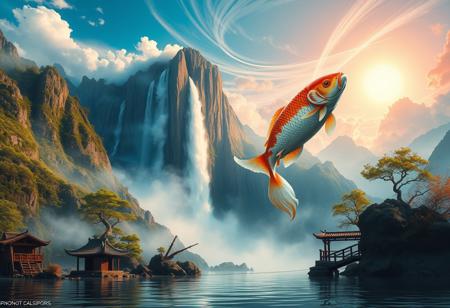 there is a tall waterfall, majestic water fall, the water fall is coming out of a mountain, Chinese mountains, there is moss growing on the mountains, small bonsai trees on the mountain, water mist, sun in the sky, sun behind clouds, water basin at base of cliff, small hut at base of cliff, small hut next to water fall, fishing rack, fishing polls, basket, fishing spot on shore, giant coy fish, white orange and gold coy fish, giant coy fish jumping out of water, shore, clouds, swirling, vivid colours, blue, orange, pink, sky, ancient, overgrown, landscapes, intricate details, background colourful, cloud streams, dynamic, vibrant colours, high quality, detailed, realistic, beautiful, extreme detail, hyper realistic, dynamic light, expressive, digital media (artwork), hi res, masterpiece, RAW, photo, 8k, very sharp, very detailed, realistic, real, cinematic view, shaded, detailed shading, shading,
