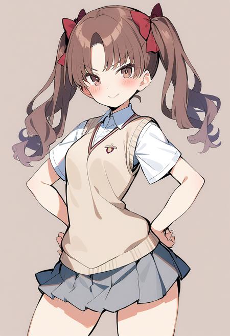 1girl, shirai kuroko, tokiwadai school uniform, solo, sweater vest, brown eyes, twintails, skirt, brown hair, school uniform, grey skirt, smile, shirt, hands on hips, v-neck, simple background, white shirt, grey background, looking at viewer, hair bow, cropped legs, short sleeves, pleated skirt, bow, collared shirt, bangs, parted bangs, red bow, closed mouth, cowboy shot, brown sweater vest, blush, long hair, brown background, v-shaped eyebrows, masterpiece, best quality, <lora:40_waifus>