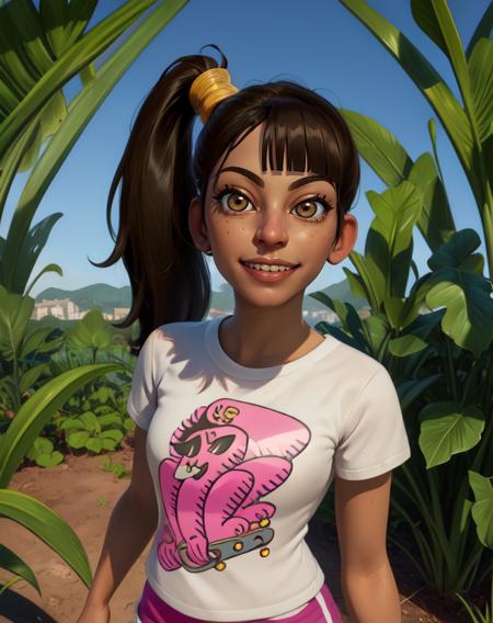 ally, side ponytail,  black hair, dark brown eyes,  smile,  smug, 
white shirt, pink shorts, 
standing, upper body,
backyard, giant leaf,  
(insanely detailed, beautiful detailed face, masterpiece, best quality)  solo,
 <lora:hoops-10v6:0.7>