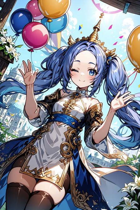 cute little girl, solo, dutch angle, light blue hair, low twintails, blue eyes, one eye closed, small breasts, angel outfits, waving, lily \(flower\), fantasy town, unicorn cosplay girl,  single horn, smile, blue, purple, white, cute pose, balloon, holding stuffed toy, nice hands, forehead, blog top banner