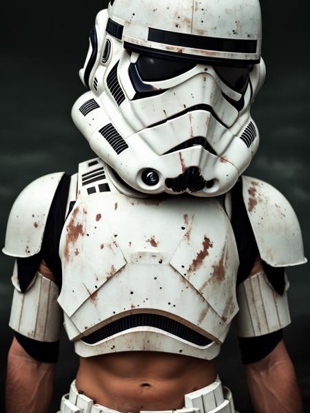 dark and gloomy full body 8k photo, storm trooper, wearing broken armor, at cluttered and messy field , action shot, tattered torn shirt, skin pores, detailed intricate iris, very dark lighting, heavy shadows, detailed, detailed face, (vibrant, photo realistic, realistic, dramatic, dark, sharp focus, 8k)