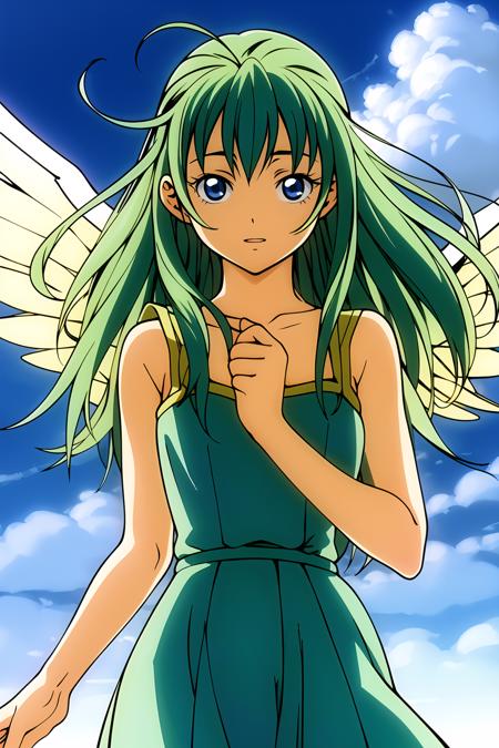 masterpiece, best quality, highly detailed, 1girl, alice carroll, long green hair, clouds, angel, floating, flying, angel wings, wind, heaven, glowing, holy light, golden