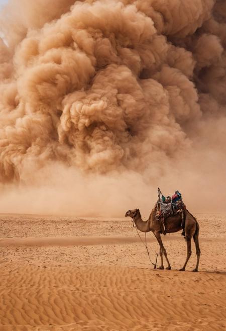 scenic view of a sand storm in the Sahara desert, a camel in the middle of it. (Use Dream Diffusion Secret Prompt). vibrant, award-winning, professional, highly detailed