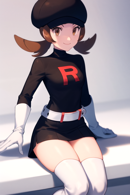 masterpiece, best quality, <lora:LyraRocket:1>, lyra \(pokemon\), brown eyes, sitting, full body, thigh boots, white boots, black shirt, black skirt, white belt, black headwear, team rocket, team rocket uniform, white gloves, evil smile,