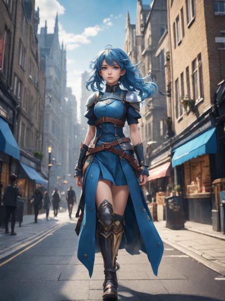 anime style, masterpiece, best quality, mid shot, front view, concept art, 1girl, warrior outfit, pretty, medium blue wavy hair, walking, curious, exploring city, london city street background, Fantasy theme, depth of field, global illumination, (epic composition, epic proportion), manga,