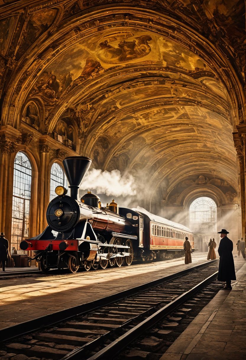 Aesthetics of ancient baroque architecture., ancient station, where the ancient steam locomotive arrives, People, standing on a platform in 18th century clothing, Photorealistic, A high resolution,light and shadow effect	Light particle tracing	vivd colour	,Obvious layers	,Photography Award	,8kwallpaper	,Masterpiece	,best qualtiy	, photorealesticbad_prompt_version2, Movie Still, Film Still, Cinematic, Cinematic Shot, Cinematic Lighting, JuggernautNegative,