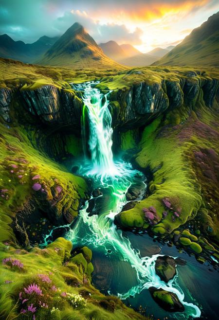 (by Ellen Jewett:1.5), (Bioluminescent Impressionism, Scottish highland  landscape, The Dreamland, green earth, heather, sky sunset, sunrise ,waterfall, ethereal landscapes, depth of field, biotech emotion:1.3) <lora:xl_more_art-full_v1:0.5> <lora:add-detail-xl:1> <lora:RMSDXL_Creative:2>