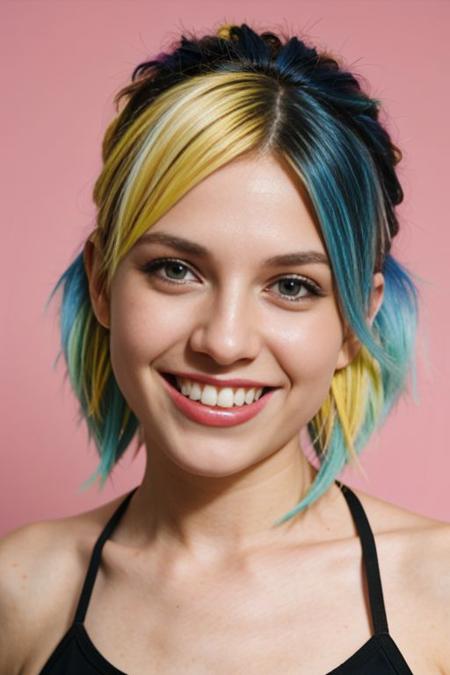 Film still, cinematic, flash photography, 2005 cute emo woman, smiling, scene girl, pastel hair, vibrant yellow background, sharp focus, detailed skin texture, detailed eyes, white teeth