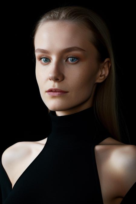 portrait of the wo_ebloom01, upper body shot, wearing black dress with turtleneck,black background, global illumination, high details, UHD, RAW, HDR effect, beautiful, aesthetic, perfect lighting, <lora:woEbloom01:1>