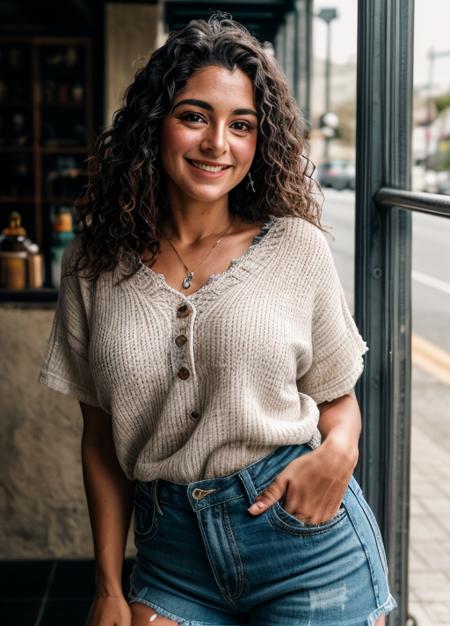 RAW photo of Isaura Ojeda in casual clothes, little smile, (high detailed skin:1.2), small details, photorealistic, ultra-realistic photo, 8k uhd, dslr, soft lighting, high quality, film grain, Fujifilm XT3, (masterpiece)  <lora:add_detail:1>