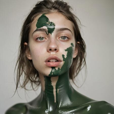 Ultra detailed film photograph with tiny depth of field, shot in an empty studio space with complex lighting. The bare bust of a beautiful woman, her hair and face and slender neck and delicate collarbone and small firm breasts. She looks stoic and severe, soft eyes that are perfectly in focus. Her mouth is overflowing with thick paint, From her lips flows richly green colored paint, drooling and trickoing from her lips down her chin, dripping on her tiny breasts, trickling down her neck. Everything else slips out of focus. Surreal and artistic.