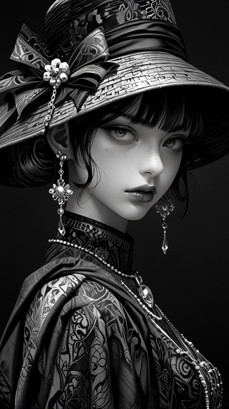 Intricate and detailed monochrome portraits of characters from the LXF book, inspired by the style of Suehiro Maruo, with a touch of surrealism and dark undertones. Highly realistic and lifelike, these paintings capture the essence of each character in a unique way. (Long shot), studio lighting, oil painting technique used to create depth and texture.