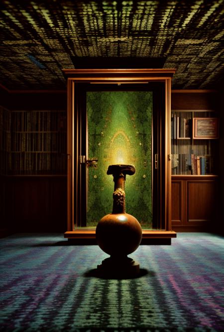 9((Hypersurrealistic ancient [Anunaki | Assyrian 
| Babylonian | Caananite] artifact))BREAK((((modern mansion  bedroom [mahogany | oak | maple | cherry |teak] furniture)))BREAK(((psychadelic trippy carpeting)))((Creative((Photo Masterpiece 8k wallpaper [Verb | adjective | pronoun])))BREAK(dodge and burn, corner edge darken vignette)((exposure POP!!!) hdr extremely intricate, High (Detail:1.1), Sharp focus, dramatic cinematic light, 8k textures, elegant, ((((cinematic look))))breathtaking, insane details))  <lora:Details-Slider:0.5> <lora:ExposureControl:0.7>  <lora:LCM_1-5:0.6> <lora:up-down_lighting:2> <lora:ColorTempSliders:3><lora:DepthOfFieldSliders:0.5> <lora:epiC35mm:0.4> <lora:HDhelper:0.6>  <lora:back-front_lighting:-2> <lora:ContrastControl:1.8> <lora:CuteHorrorSlider:0.9> <lora:Saturation:1.1>