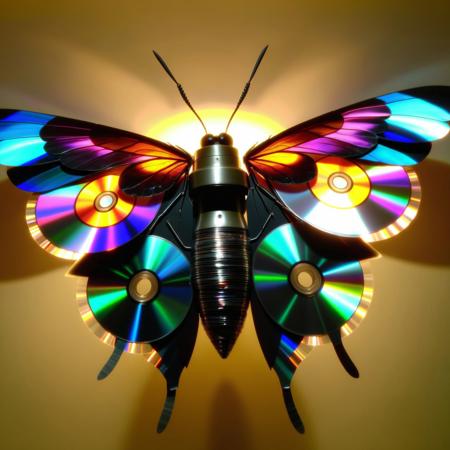 macro photo, moth made of cd's, insect, moth wings, lamp, night