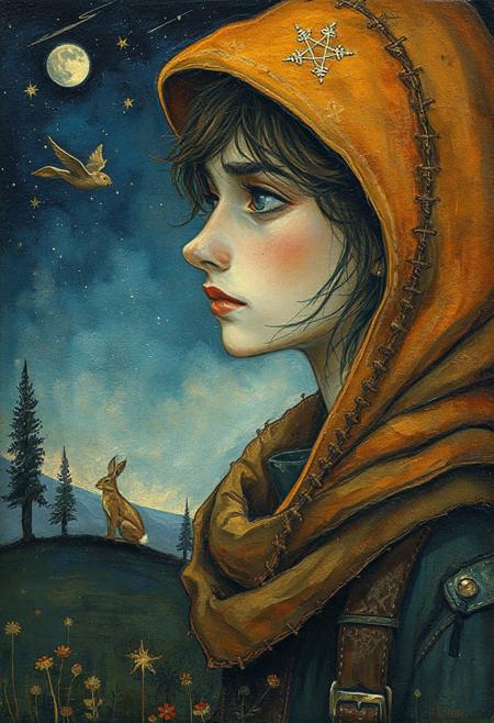 A portrait of a traveler, dreamlike atmosphere, poetic imagery, myth and folklore, luminous layered colors, textured surfaces, moonlit landscapes, symbolic animals, hares, foxes, birds, stars and trees, seasonal themes, impressionistic techniques, narrative quality, magical mood, quiet enchantment