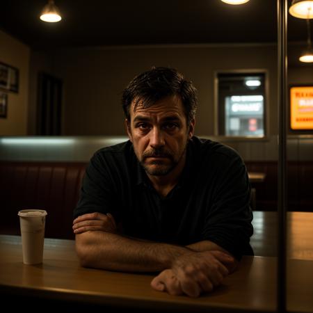 Gritty Portrait Photo of a weary,rugged individual sitting in a sparse,nondescript diner,his eyes betraying a sense of resigned acceptance,illuminated by the stark,fluorescent light overhead,from a close-up perspective,showcasing the film's exploration of fate,inevitability,and the changing nature of the world  ,<lora:more_details:0.7>,<lora:picxer_real:0.7>,