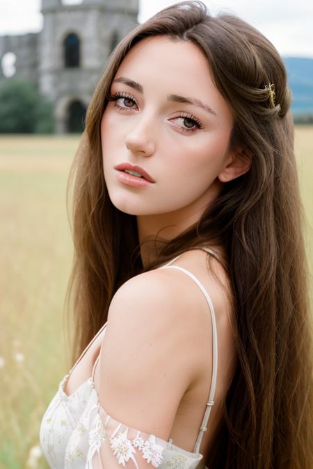 stunningly beautiful woman <lora:janes:1>, RAW, UHD, 8K, a grassy field, castle ruins in the background, simple faded white yellow dress, upper body, (close up), dark red brown eyes