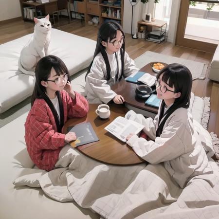 best quality, ultra-detailed, illustration, glasses,
hanten, table, multiple girls, kotatsu, realistic, cat, black hair, 3girls, long hair, smile, animal, indoors, sitting, glasses
<lora:JAPAN_Hanten_SD15_V2:0.8>