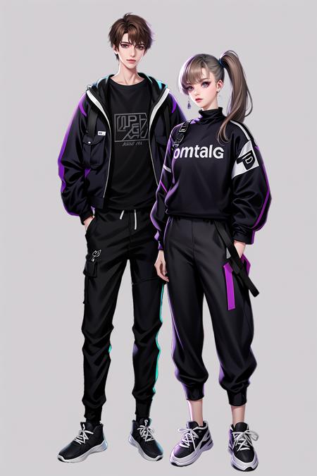 Character standing drawing, modern design, 1girl, 1boy, brown hair, pants, side ponytail, jacket, grey background, shoes, sneakers, looking at viewer, long hair, hand in pocket, black pants, full body, black shirt, black footwear, white jacket, shirt, standing, short hair, white hair, hand on hip, simple background, bangs, long sleeves, purple eyes,<lora:xiandai:0.8>,