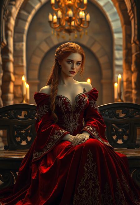 (masterpiece), (ultra realistic), (8k, cinematic lighting), (ambient_occlusion), (volumetric shadows), (rim lighting), ((exceptionally beautiful red-haired woman)), 22 years old, fair skin, soft hourglass figure, long red curls pinned up in a braided crown, wearing an opulent crimson velvet gown with gold embroidery and a full skirt pooling around her feet, sitting gracefully on a carved wooden bench in a stone chamber lit by candlelight, arched stone walls and chandelier above, serene expression, candle glow highlighting the folds of her gown