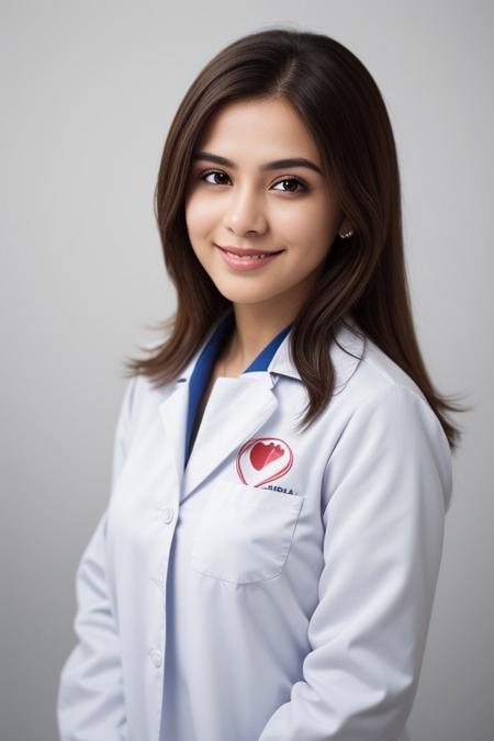 (medium shot), 1girl, (cheek_heart:1.4), smiling, beautiful pakistani female doctor in (labcoat over scrubs),  beautiful detailed face, brown hair, pale skin, realistic skin, detailed cloth texture, detailed hair texture, Perfect proportion, Beautiful Face, accurate, Anatomically correct, Highly detailed face and skin texture , looking at viewer , portrait, photorealistic , masterpiece, best quality , isolated white background