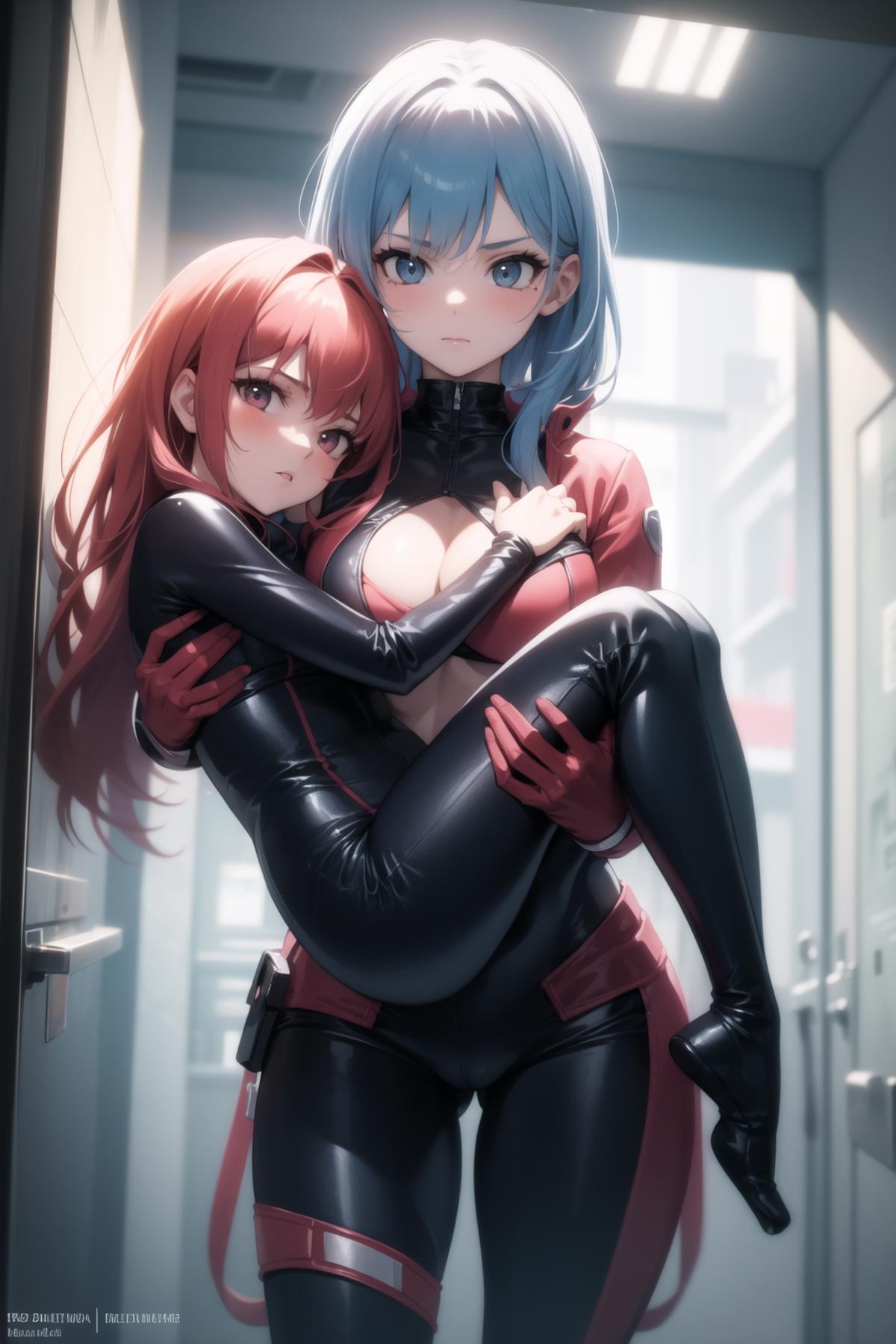 Two women in leather suits, one holding the other.
