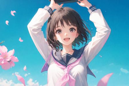 1girl, solo, school uniform, bag, serafuku, school bag, open mouth, short hair, black hair, blue background, neckerchief, blue sky, sailor collar, long sleeves, arms up, upper body, holding, black eyes, sky, petals, shirt, white shirt, red neckerchief, outdoors, simple background, smile, day, bangs <lora:SilvermoonMix12:1>