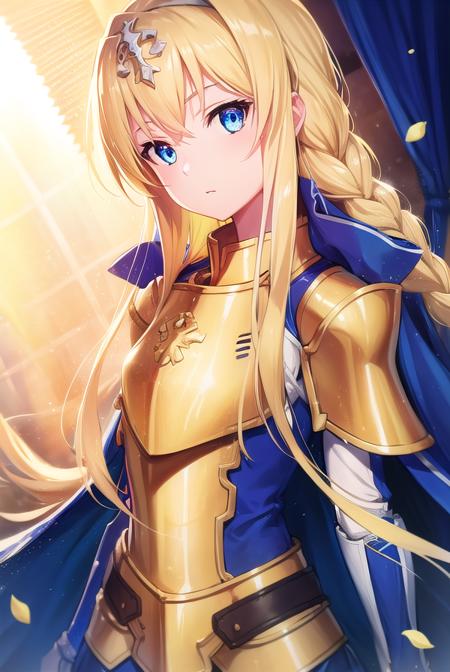 alicezuberg, <lora:alicezuberg-lora-nochekaiser:1>, 
alice zuberg, bangs, blue eyes, blonde hair, hair between eyes, very long hair, braid, hairband, white hairband,
BREAK dress, cape, armor, blue dress, shoulder armor, gauntlets, pauldrons, breastplate, armored dress, faulds, blue cape, knight, (gold armor:1.5), body armor,
BREAK outside, forest, nature, sun, sky,
BREAK looking at viewer, (cowboy shot:1.5),
BREAK <lyco:GoodHands-beta2:1>, (masterpiece:1.2), best quality, high resolution, unity 8k wallpaper, (illustration:0.8), (beautiful detailed eyes:1.6), extremely detailed face, perfect lighting, extremely detailed CG, (perfect hands, perfect anatomy),