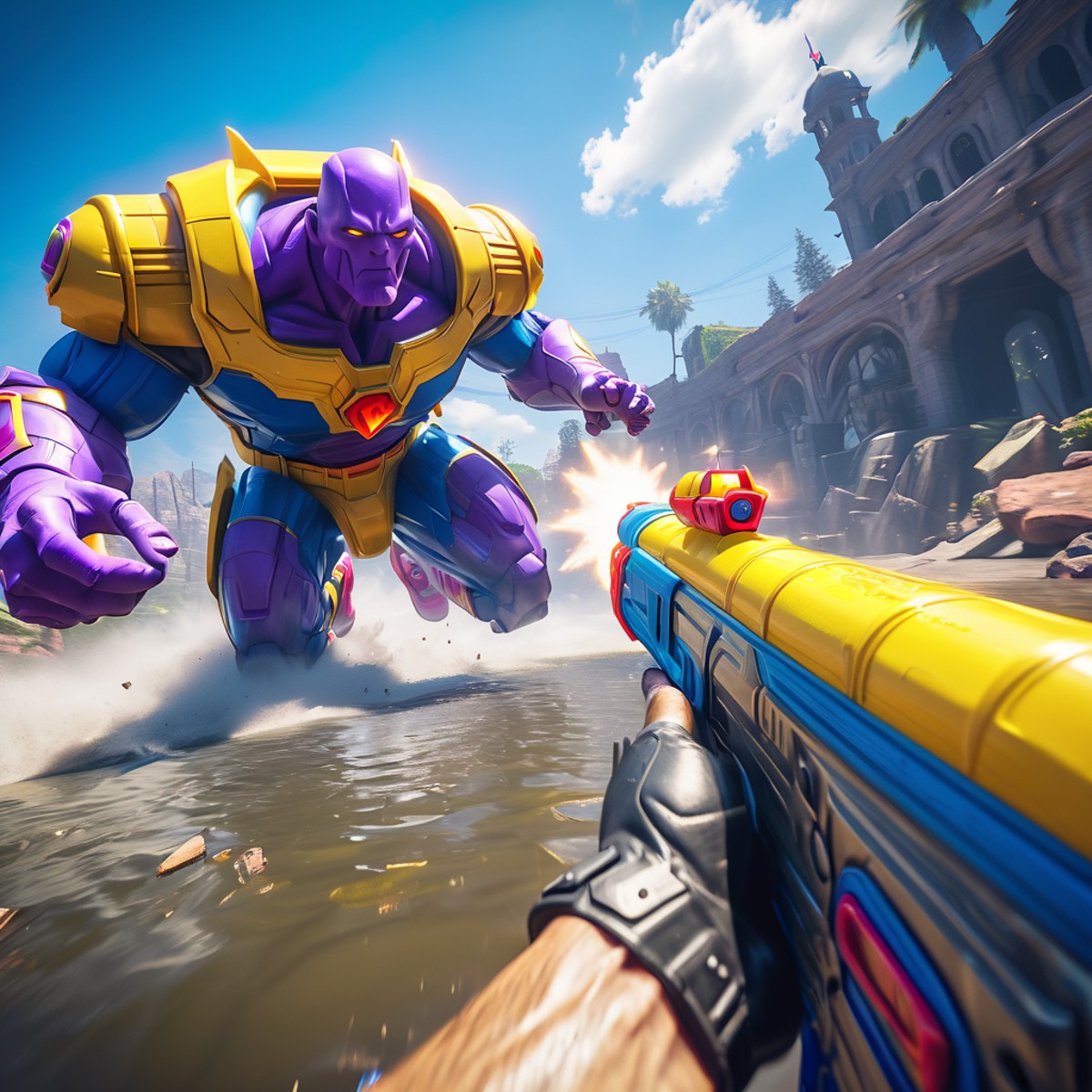 a cinematic shot of a first person shooter, holding a super soaker watergun, shooting giant Thanos, AK47 Pov, HD, masterpi...