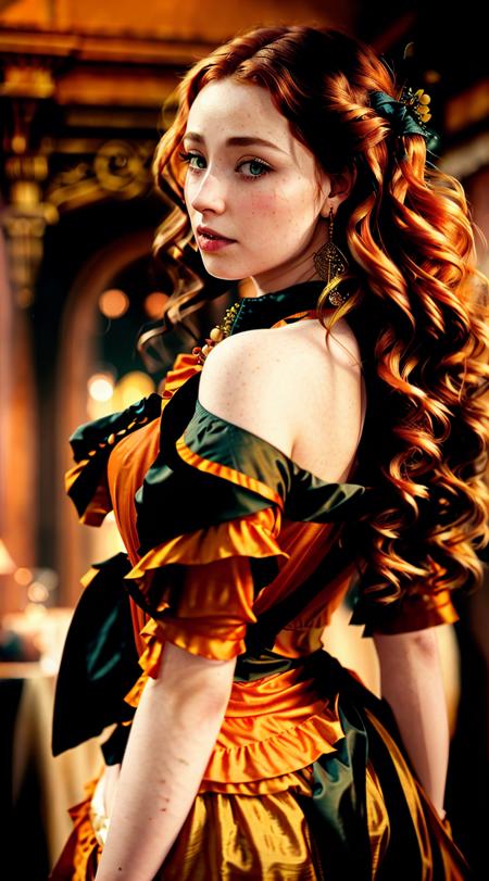 Freya Mavor, tiktok girl, (from_behind:1.3) (lying:1.2) redhead , wavy_hair , victorian era , orange (open shirt) , on ramparts , jewelry, (full_body:1.4), (realistic:1.4), masterpiece, high quality, realistic lighting, center of frame, 8k, hdr, amateur, face scar <lora:Freya-Mavor-v10:0.7>