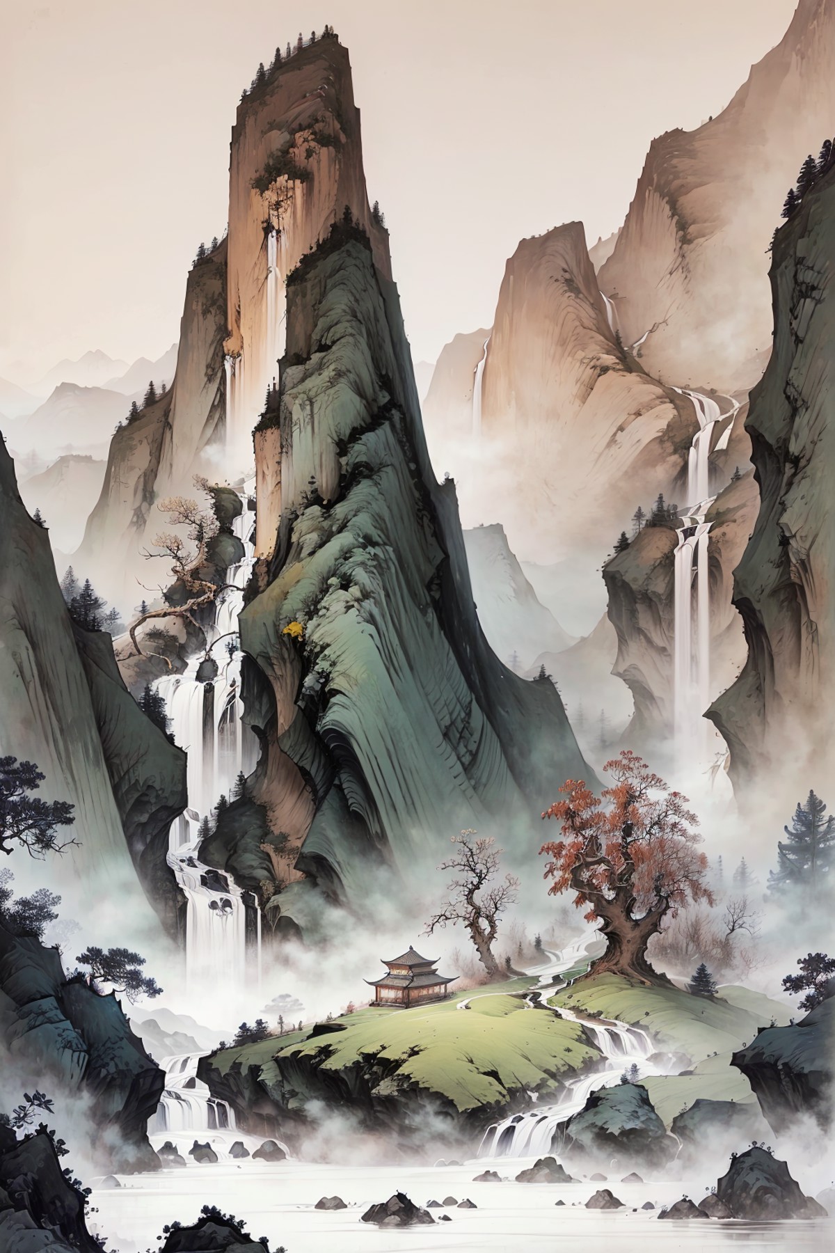 (masterpiece:0.8),best quality,
gongbiv,gongbi painting,scenery,no humans,mountain,waterfall,outdoors,tree,water,nature,fo...