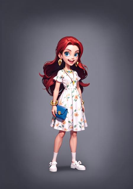 European and American cartoons, game characters, original design, 1girl, solo, long hair, red hair, blue eyes, jewelry, smile, bag, dress, socks, white footwear, grey background, full body, handbag, shoes, bracelet, standing, floral print, short sleeves, earrings, necklace, looking at viewer, white socks, white dress, open mouth, simple background, very long hair<lora:CG Game ouka:1>