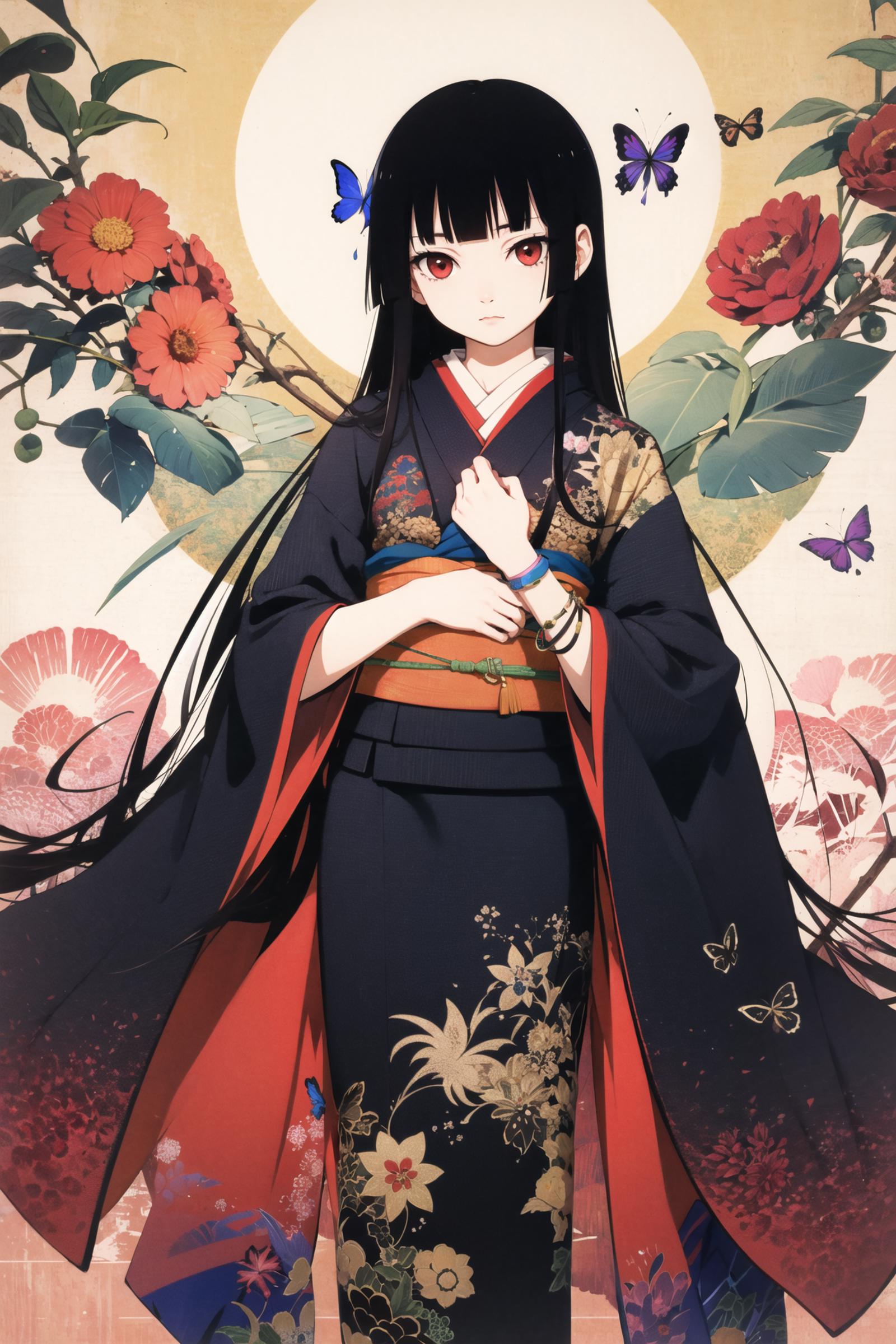 A Japanese girl wearing traditional clothing, surrounded by flowers and butterflies.