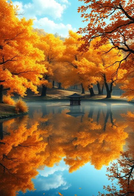 Stunningly detailed reflection of golden and orange katsura trees surrounding a natural round lake in autumn, tranquil and enchanting atmosphere, rendered in the art style of Studio Ghibli, magical lighting, immersive depth