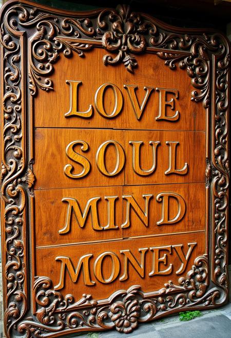 A large, ancient wooden sign, masterfully carved with exquisite, elaborate designs, evoking the romantic and artistic spirit of old-world Italy. The wood is rich and warm, reminiscent of Tuscan oak, with intricate patterns along the edges, featuring swirling vines, olive branches, and Romanesque filigree, echoing the Renaissance craftsmanship of Florence or Venice. Embedded in the wood are faint, mystical runes, alongside delicate carvings of Italian motifs—grapes, cypress trees, and faint outlines of ancient Roman columns, blending seamlessly with the deep grain and rich texture. The surface has a time-worn, rustic charm, with small cracks, knots, and hints of moss, like something pulled from an Italian countryside.
Each letter is gracefully carved in a flowing, elegant font, reminiscent of Italian calligraphy, arranged over four lines: ‘LOVE,’ ‘SOUL,’ ‘MIND,’ and ‘MONEY.’ The letters are subtly embellished with decorative flourishes, blending the romance of Italian design with the ancient, mystical artistry of the sign. It radiates the warmth, passion, and timeless beauty of Italy, as if it belongs in a quiet piazza or hanging outside a hidden trattoria, holding ancient wisdom within its intricately carved surface