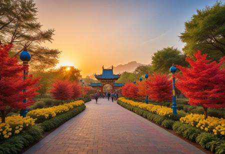 In the heart of a bustling theme park, a spectacle of colors unfolds. The landscape is a canvas painted with hues of red, blue, green, and yellow, from the towering rides to the small kiosks dotting the pathways. The setting sun casts a warm, golden glow, enhancing the vibrancy of the scene.
