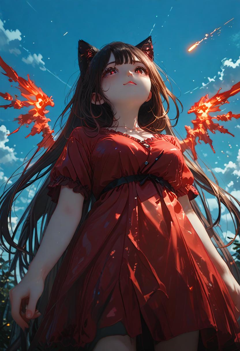 score_9, score_8_up, score_7_up, NLSTN, glowing, a cat girl, cute face, big breast, very long hair, glowing wings, low angle, looking up at sky, red dress, meteor on sky, <lora:sdxl_lightning_8step_lora:1> <lora:p-skin:1> <lora:NLSTN:1,1,0,0,1,0,1,1,1,0,0,0>