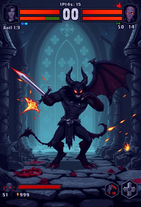 (8-bit pixel art:1.5), (2D fighting game with gothic fantasy elements:1.4), (dark medieval environment:1.3), eerie atmosphere, (cathedral ruins:1.2), (demonic fighter sprite:1.3), (blocky pixel characters:1.4), (limited color palette:1.2), (blood effects:1.3), glowing red eyes, (sharp outlines), (low-resolution pixel shading:1.3), action pose, (melee attack animation), (hit sparks:1.1), (hellish background:1.2), (glitching game interface:1.2), (exaggerated proportions), (heavy metal UI elements), (dark energy effects), (realism:-1.5), (photorealism:-1.4), (smooth anatomy:-1.3), (soft textures:-1.2), (highly detailed rendering:-1.4), (bright pastel tones:-1.2), (blurry effects:-1.3), (muted colors:-1.1)
