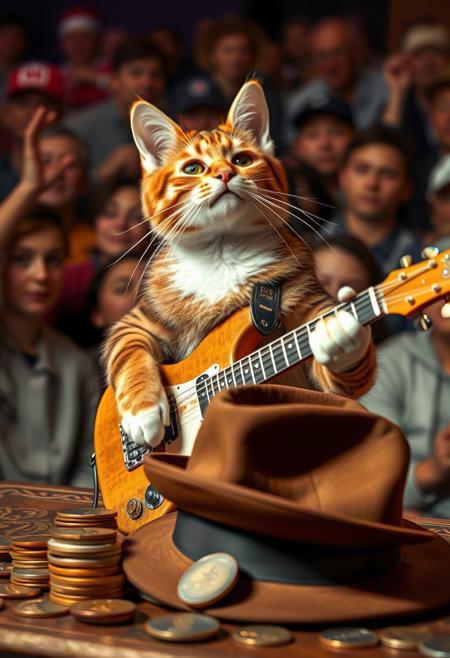 cat playing the guitar for a crowd, hat before the cat. coins in the hat.