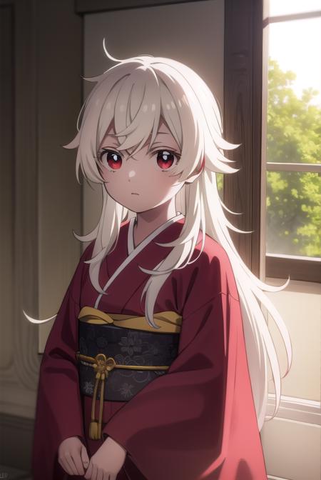 haine, long hair, bangs, (red eyes:1.3), white hair, japanese clothes, kimono, red kimono,
