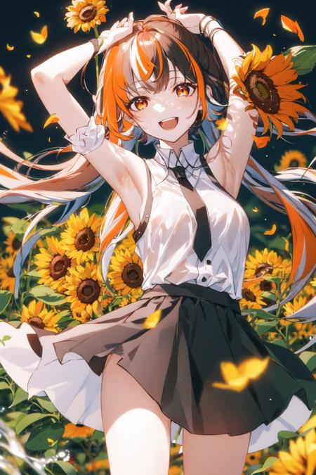 multicolored, 1girl, long_hair, floating_hair, open_mouth, solo, yellow_flower, smile, fish, white_flower, :d, colorful, orange_\(fruit\), orange_slice, burning, orange_eyes, shirt, autumn, sleeveless, bubble, bare_shoulders, autumn_leaves, armpits, skirt, bangs, looking_at_viewer, sunflower, petals, water, fire, orange_flower, flower <lora:style_YoneyamaMaiSTDX0:1>