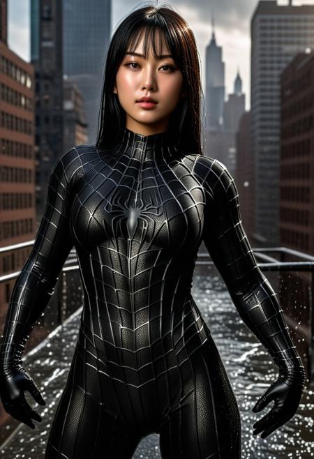 score_9, score_8_up, score_7_up, best quality, realistic, masterpiece, beautiful detail, hyperrealistic, woman ((1girl, woman body, big breasts)), amazing detailed full body portrait of a beautiful japanese girl, wearing a realistic and highly detailed black raimi spider-man suit, ((huge muscular girl)), professional model wears ultra - detailed black raimi spider - man suit, ultra - detailed and grained black raimi spiderman suit, suit covered entire body and hand, black spiderman gloves, wet, (spider man pose), (full body), (dirty skin), octane render, highly detailed, volumetric, dramatic lighting, (highest quality:1.1), (HDR:1.3), (top quality, best quality), realistic, high definition,